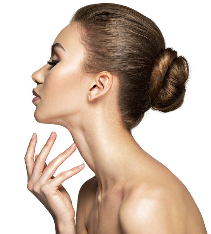 Female neck lift model poses at Viradia Plastic Surgery in Tampa, Florida