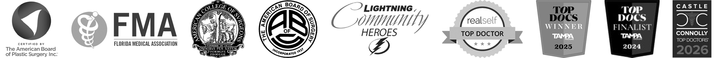 Array of logos that Dr. Viradia has achieved or been awarded, including ABPS certification, Castle Connolly Top Doctors of 2026, Realself Top Doctor, and Top Docs Winner by Tampa Magazine for 2025.