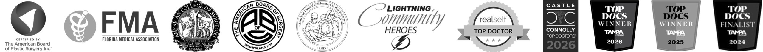 Array of affiliated organizations and recognitions Dr. Viradia has earned, including Top Docs 2026 winner from Tampa Magazine and Castle Connoly Top Doctors of 2026.